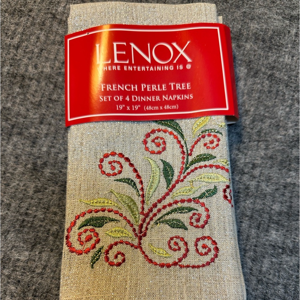 Lenox French Perle Tree Embroidered Christmas Dinner Napkin Set of 4